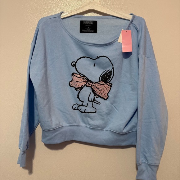 Peanuts Tops - Peanuts Snoopy Light Blue Cropped Sweatshirt Rhinestone Pink Bow Womens S NEW